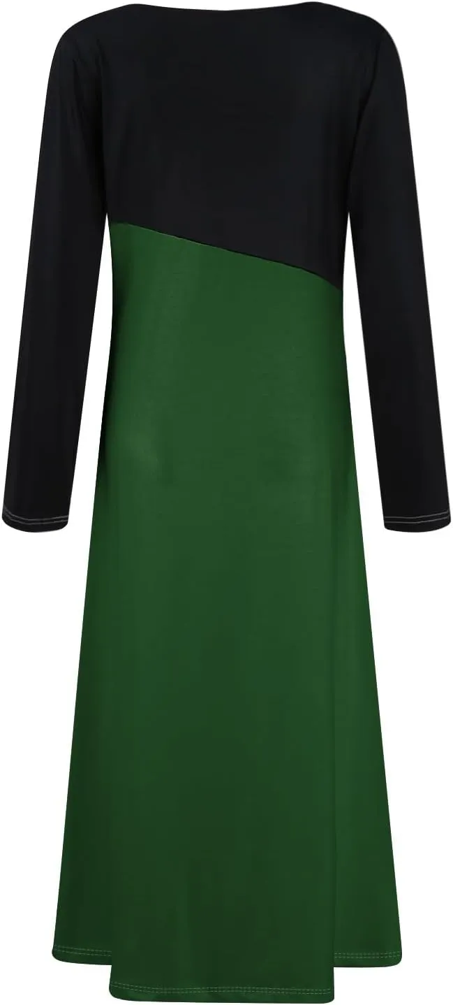 ZEFOTIM Womens Long Sleeve Dresses Colorblock Printing Dress for Women Summer Dresses Maxi Dress V Neck Dress Spring Dress