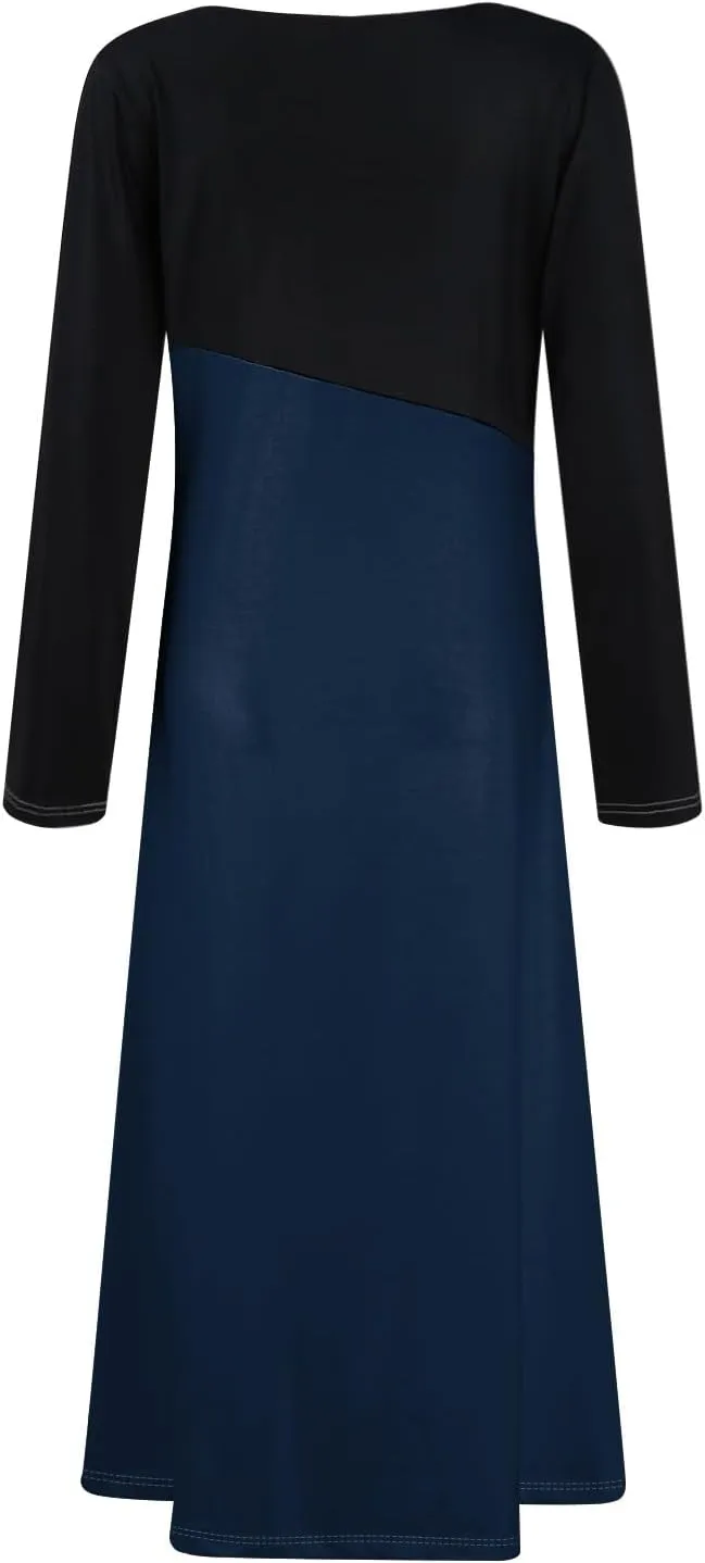 ZEFOTIM Womens Long Sleeve Dresses Colorblock Printing Dress for Women Summer Dresses Maxi Dress V Neck Dress Spring Dress