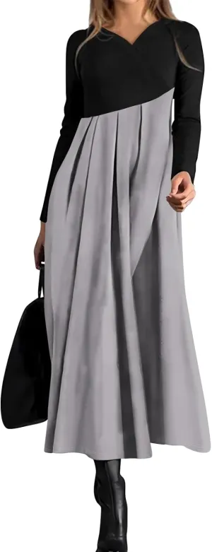 ZEFOTIM Womens Long Sleeve Dresses Colorblock Printing Dress for Women Summer Dresses Maxi Dress V Neck Dress Spring Dress