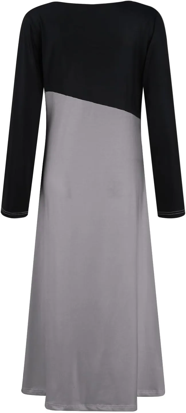 ZEFOTIM Womens Long Sleeve Dresses Colorblock Printing Dress for Women Summer Dresses Maxi Dress V Neck Dress Spring Dress