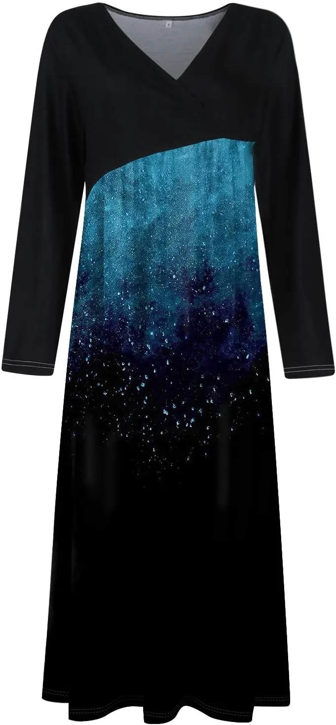 ZEFOTIM Womens Long Sleeve Dresses Colorblock Printing Dress for Women Summer Dresses Maxi Dress V Neck Dress Spring Dress
