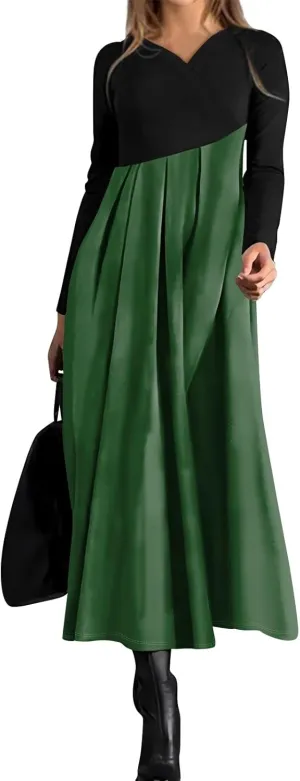 ZEFOTIM Womens Long Sleeve Dresses Colorblock Printing Dress for Women Summer Dresses Maxi Dress V Neck Dress Spring Dress