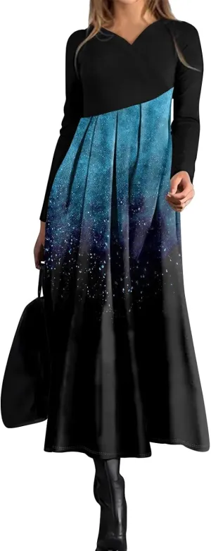ZEFOTIM Womens Long Sleeve Dresses Colorblock Printing Dress for Women Summer Dresses Maxi Dress V Neck Dress Spring Dress