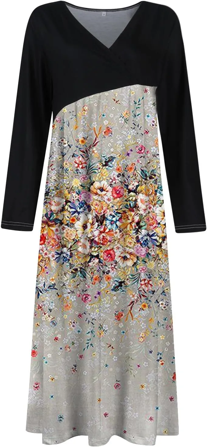 ZEFOTIM Womens Long Sleeve Dresses Colorblock Printing Dress for Women Summer Dresses Maxi Dress V Neck Dress Spring Dress