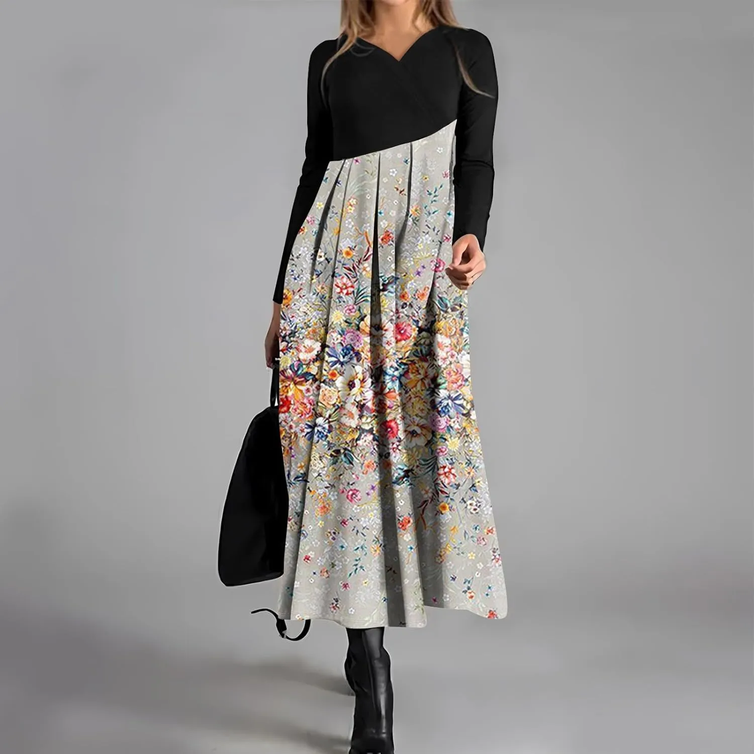 ZEFOTIM Womens Long Sleeve Dresses Colorblock Printing Dress for Women Summer Dresses Maxi Dress V Neck Dress Spring Dress