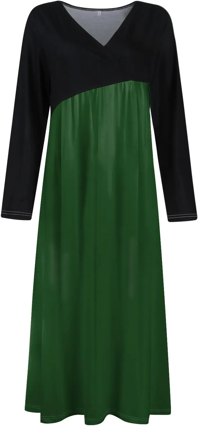 ZEFOTIM Womens Long Sleeve Dresses Colorblock Printing Dress for Women Summer Dresses Maxi Dress V Neck Dress Spring Dress
