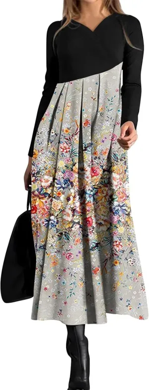 ZEFOTIM Womens Long Sleeve Dresses Colorblock Printing Dress for Women Summer Dresses Maxi Dress V Neck Dress Spring Dress