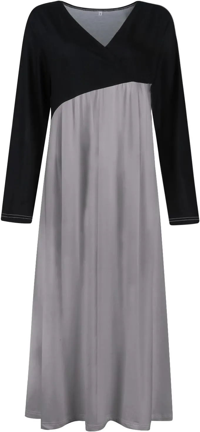 ZEFOTIM Womens Long Sleeve Dresses Colorblock Printing Dress for Women Summer Dresses Maxi Dress V Neck Dress Spring Dress