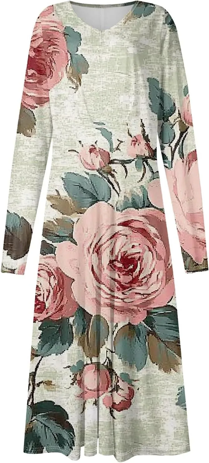ZEFOTIM Womens Long Sleeve Dresses Gradient Graphic Floral Dress Long Dress V Neck Dress Spring Summer Dresses