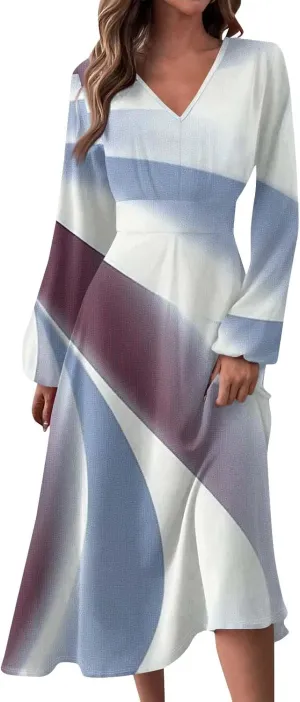 ZEFOTIM Womens Long Sleeve Dresses Gradient Graphic Floral Dress Long Dress V Neck Dress Spring Summer Dresses