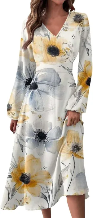 ZEFOTIM Womens Long Sleeve Dresses Gradient Graphic Floral Dress Long Dress V Neck Dress Spring Summer Dresses