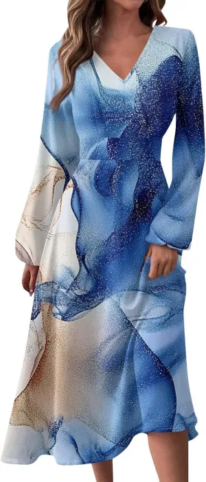 ZEFOTIM Womens Long Sleeve Dresses Gradient Graphic Floral Dress Long Dress V Neck Dress Spring Summer Dresses