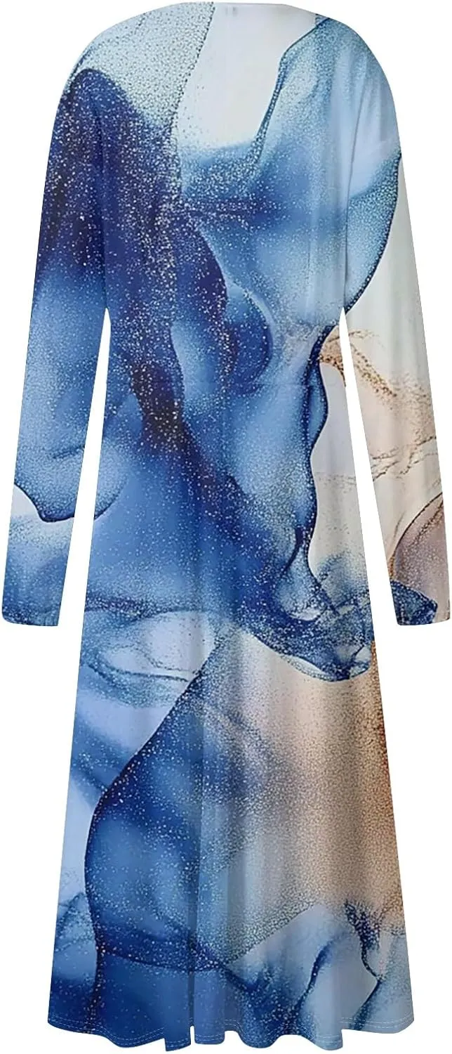 ZEFOTIM Womens Long Sleeve Dresses Gradient Graphic Floral Dress Long Dress V Neck Dress Spring Summer Dresses