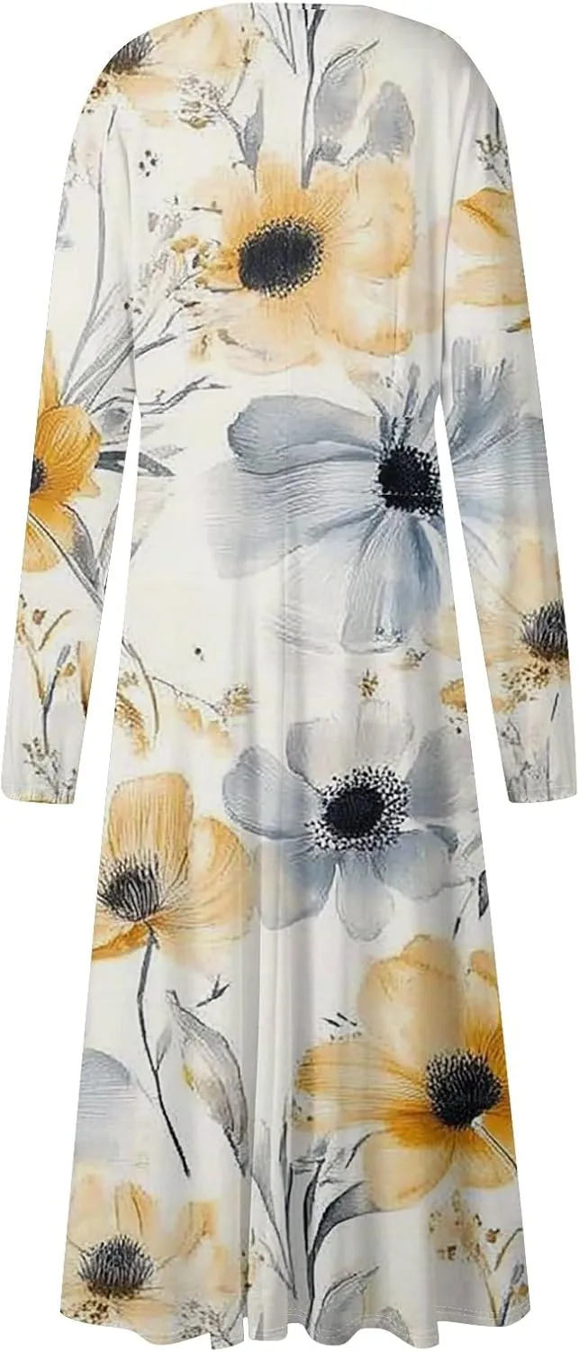 ZEFOTIM Womens Long Sleeve Dresses Gradient Graphic Floral Dress Long Dress V Neck Dress Spring Summer Dresses