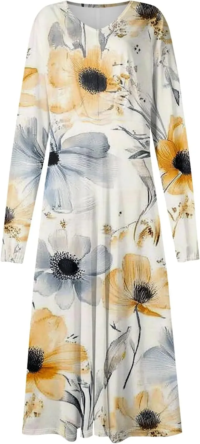 ZEFOTIM Womens Long Sleeve Dresses Gradient Graphic Floral Dress Long Dress V Neck Dress Spring Summer Dresses