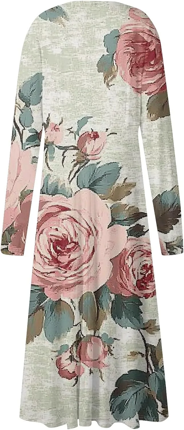 ZEFOTIM Womens Long Sleeve Dresses Gradient Graphic Floral Dress Long Dress V Neck Dress Spring Summer Dresses