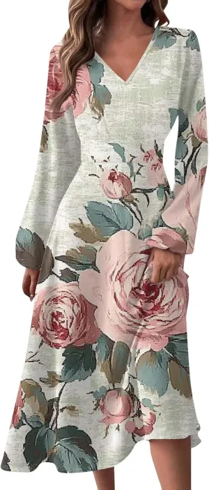 ZEFOTIM Womens Long Sleeve Dresses Gradient Graphic Floral Dress Long Dress V Neck Dress Spring Summer Dresses
