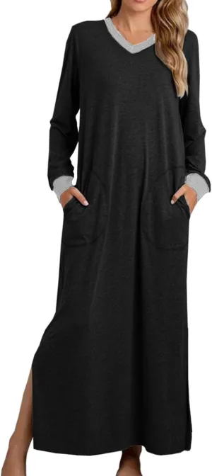 ZEFOTIM Womens Long Sleeve Dresses Solid Color Dress Spring Summer Dress Maxi Dresses V Neck Dresses Womens Spring Dresses