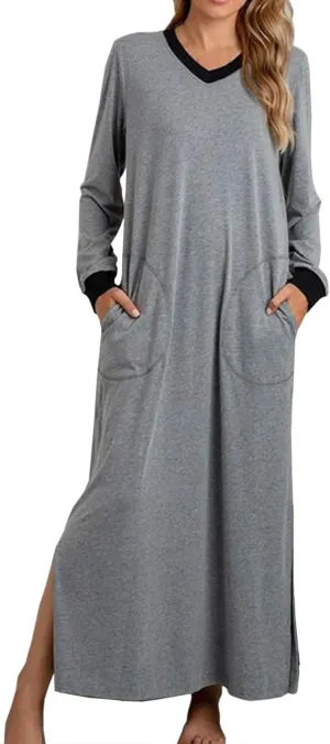 ZEFOTIM Womens Long Sleeve Dresses Solid Color Dress Spring Summer Dress Maxi Dresses V Neck Dresses Womens Spring Dresses