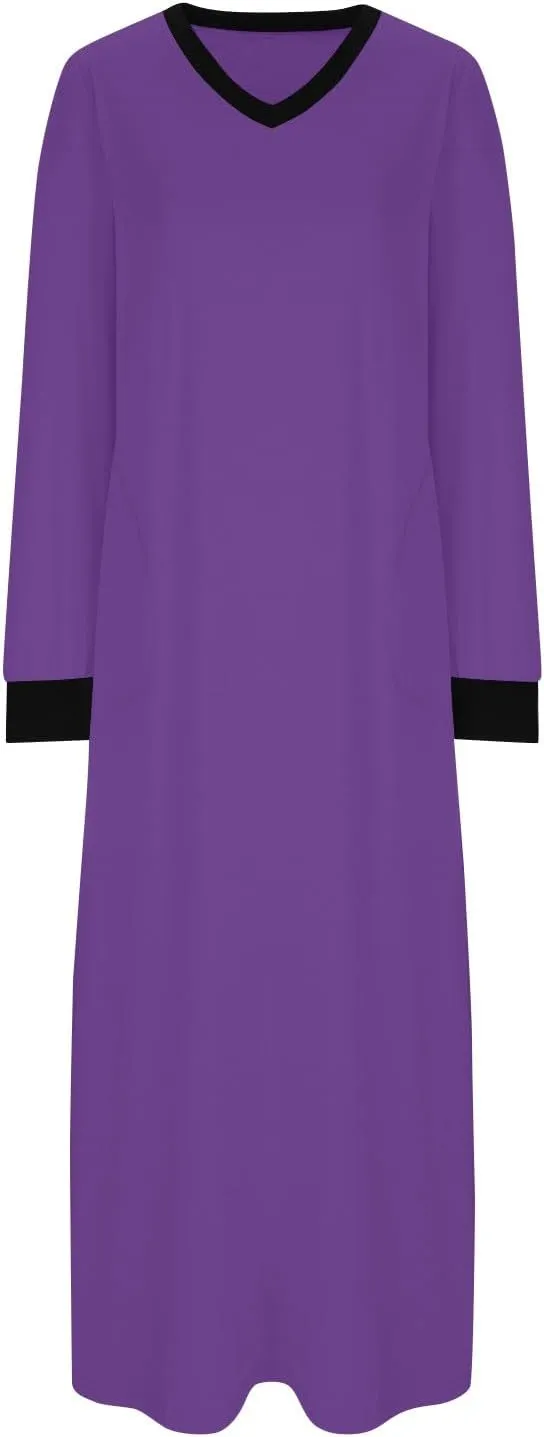 ZEFOTIM Womens Long Sleeve Dresses Solid Color Dress Spring Summer Dress Maxi Dresses V Neck Dresses Womens Spring Dresses