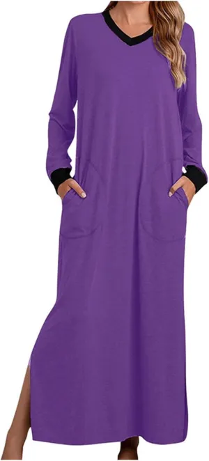 ZEFOTIM Womens Long Sleeve Dresses Solid Color Dress Spring Summer Dress Maxi Dresses V Neck Dresses Womens Spring Dresses